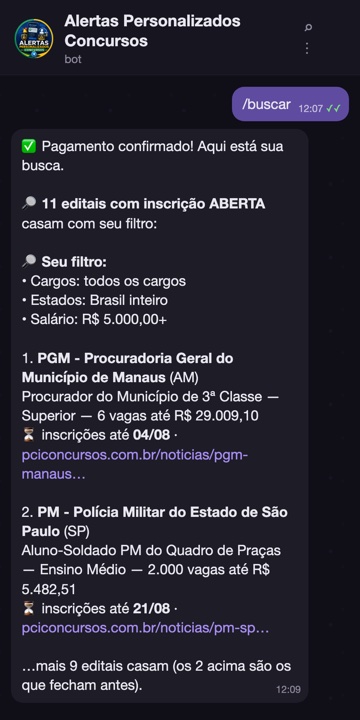 Resultado do /buscar no bot: lista de editais com inscrição aberta que casam com o filtro